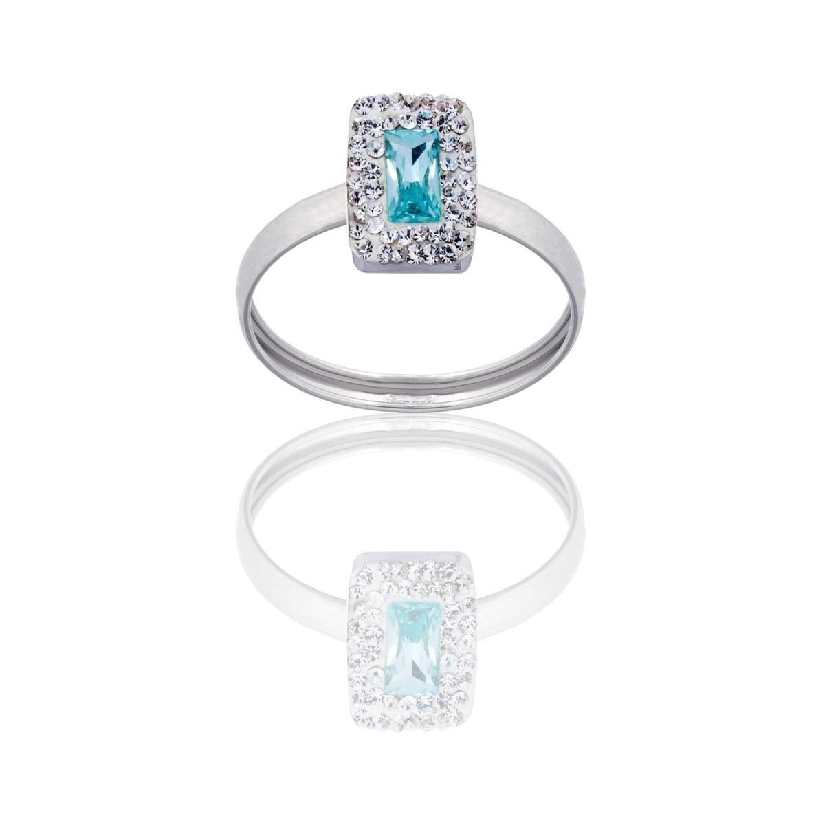 Anello Oro Bianco Oro 18 carati Rettangolo Centro E Contorno Zirconi Bianchi, Zircone Azzurro spessore gambo 1 mm , spessore pietre 7,5