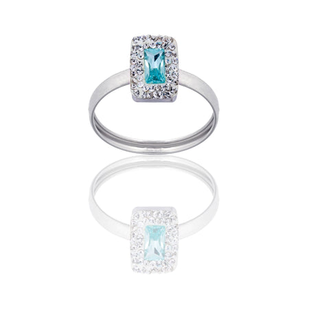 Anello Oro Bianco Oro 18 carati Rettangolo Centro E Contorno Zirconi Bianchi, Zircone Azzurro spessore gambo 1 mm , spessore pietre 7,5