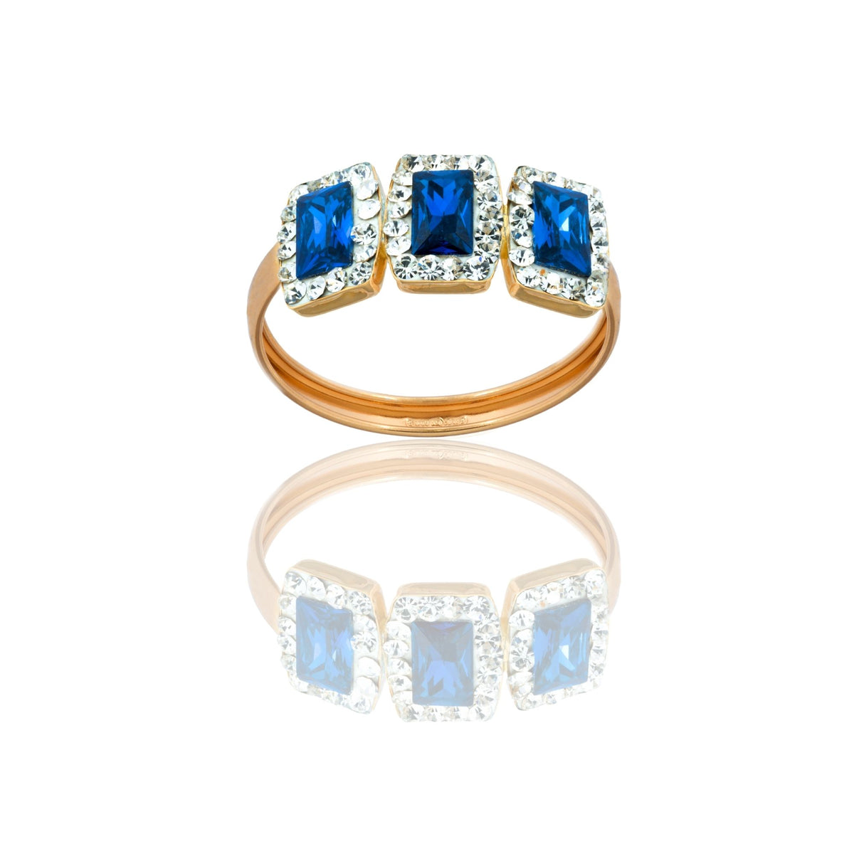 Anello Oro Giallo Oro 18 carati Trilogy Rettangoli Centro E Contorno Zirconi Bianchi, Zircone Blu spessore gambo 1 mm , spessore pietre 7,5