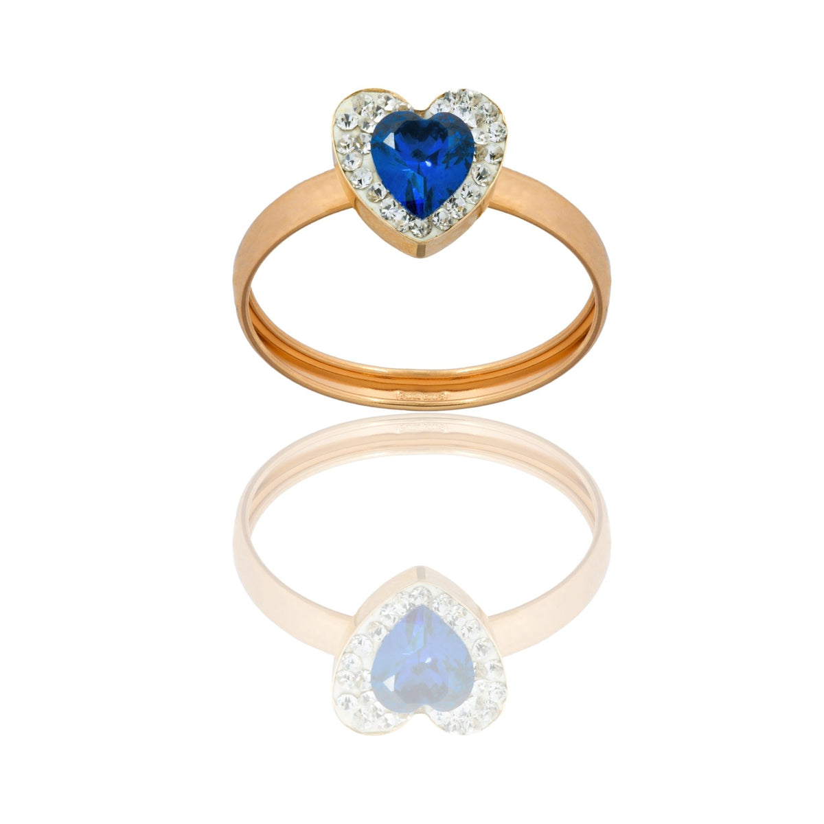 Anello Oro Giallo Oro 18 carati Cuore Centro E Contorno Zirconi Bianchi, Zircone Blu spessore gambo 1 mm , spessore pietre 6