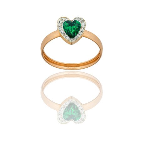 Anello Oro Giallo Oro 18 carati Cuore Centro E Contorno Zirconi Bianchi, Zircone Verde spessore gambo 1 mm , spessore pietre 6
