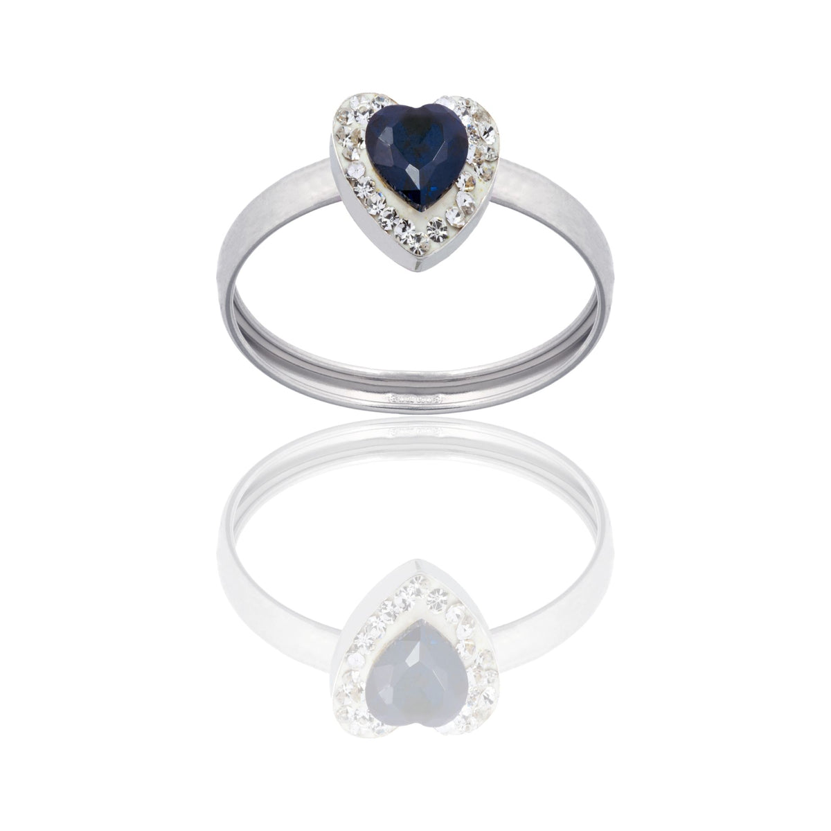 Anello Oro Bianco Oro 18 carati Cuore Centro E Contorno Zirconi Bianchi, Zircone Blu spessore gambo 1 mm , spessore pietre 6