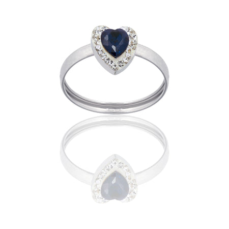 Anello Oro Bianco Oro 18 carati Cuore Centro E Contorno Zirconi Bianchi, Zircone Blu spessore gambo 1 mm , spessore pietre 6