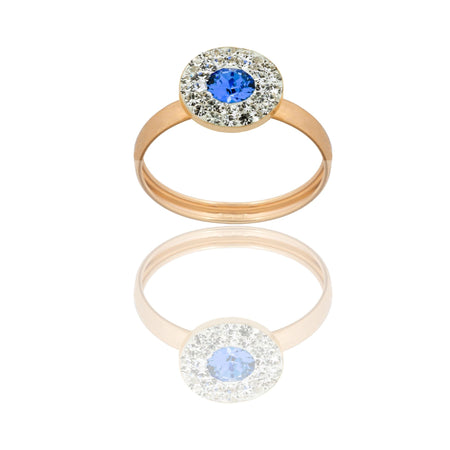 Anello Oro Giallo Oro 18 carati Tondo Centroe Contorno Zirconi Bianchi, Zircone Blu spessore gambo 1 mm , spessore pietre 6