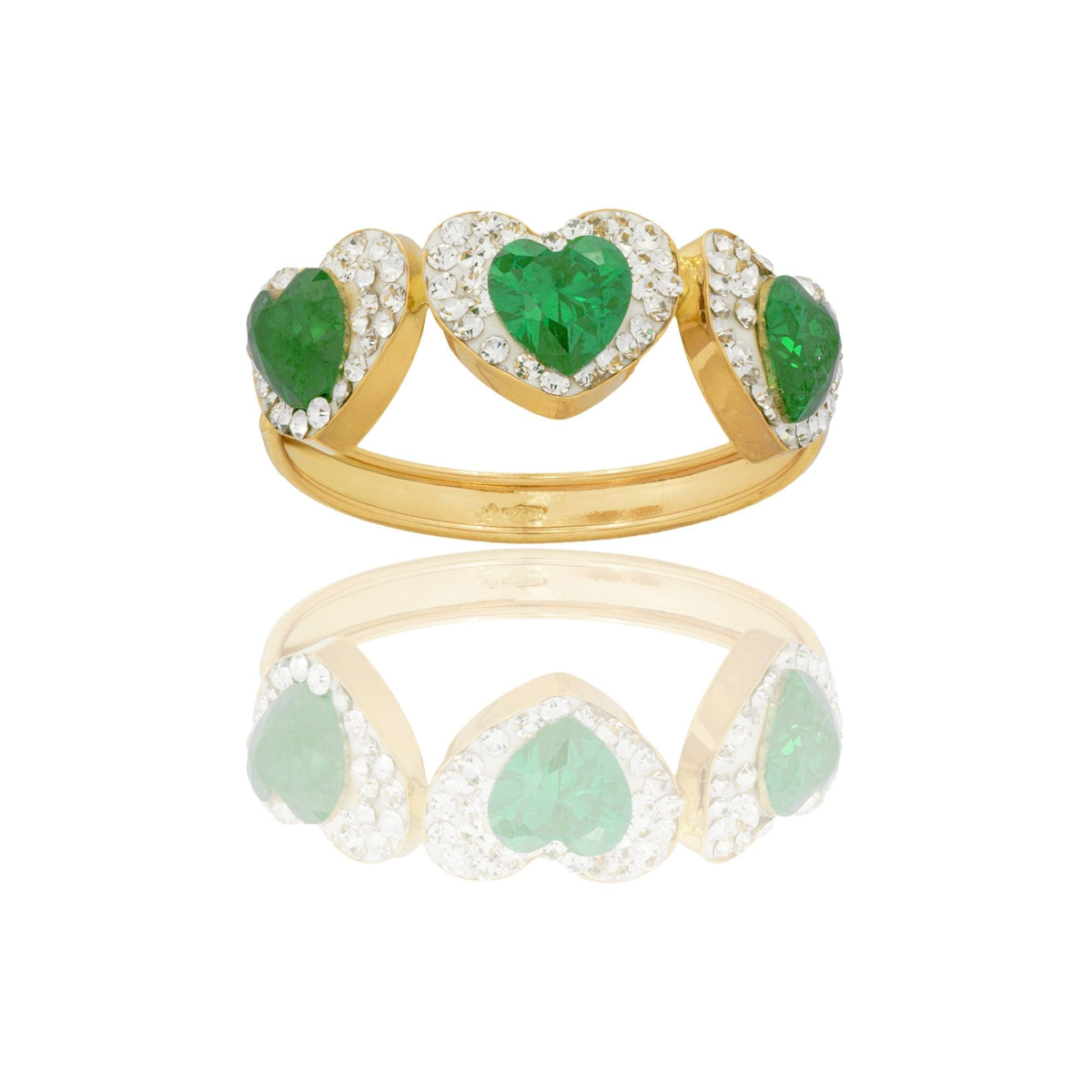 Anello Oro Giallo Oro 18 carati Trilogy Cuore Centro E Contorno Zirconi Bianchi, Zircone Verde spessore gambo 1 mm , spessore pietre 6