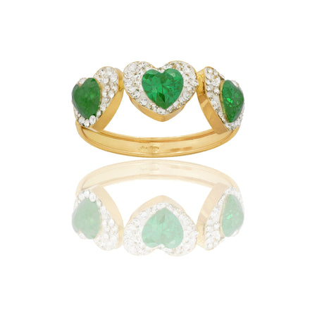 Anello Oro Giallo Oro 18 carati Trilogy Cuore Centro E Contorno Zirconi Bianchi, Zircone Verde spessore gambo 1 mm , spessore pietre 6