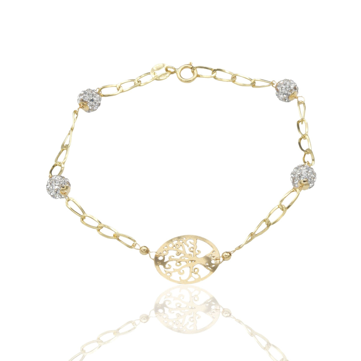 Bracciale Oro Giallo Oro 18 carati Maglia Morbida Con Albero Della Vita E Sfere Zirconi Bianchi cm 19