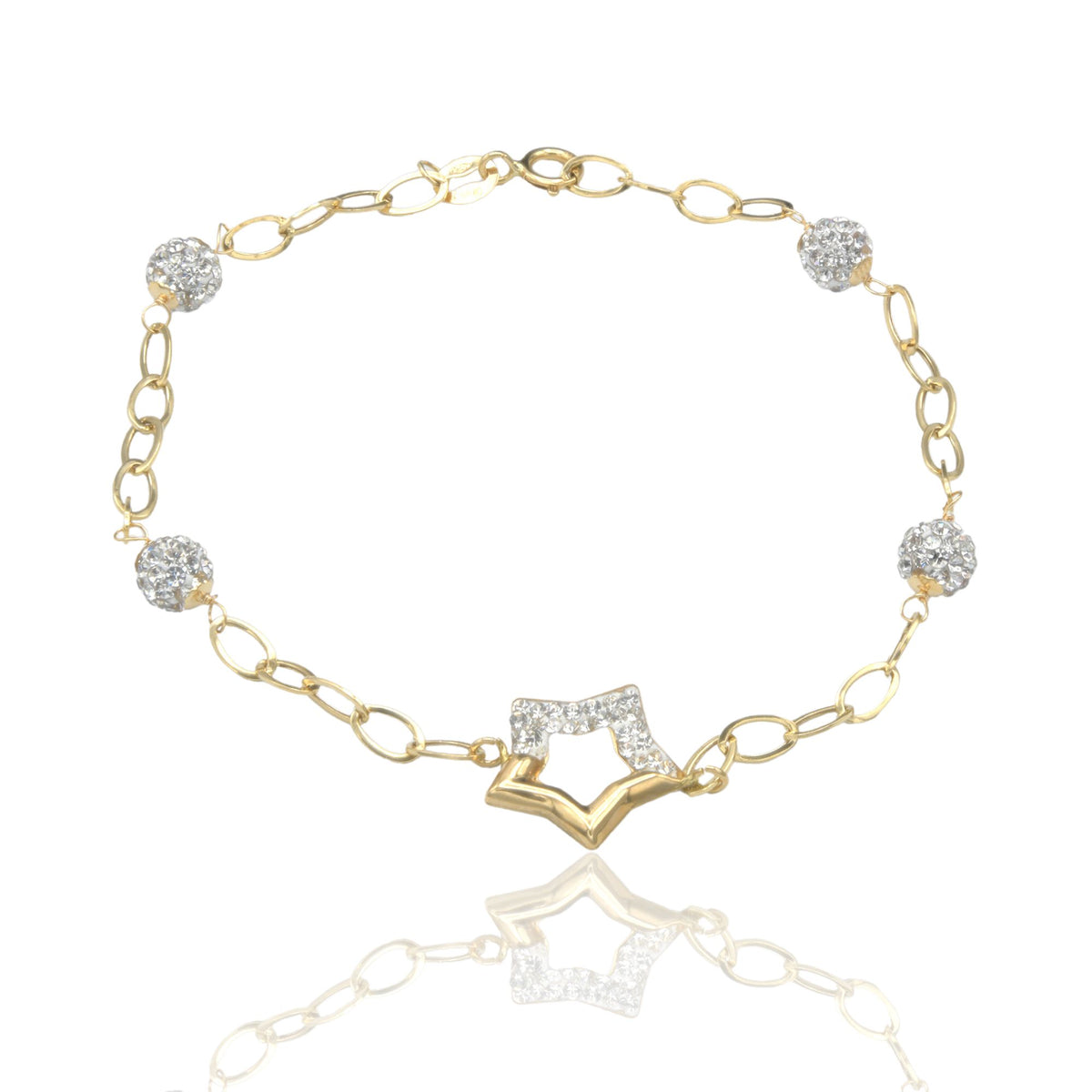 Bracciale Oro Giallo Oro 18 carati Maglia Morbida Con Stella E Sfere Zirconi Bianchi cm 19