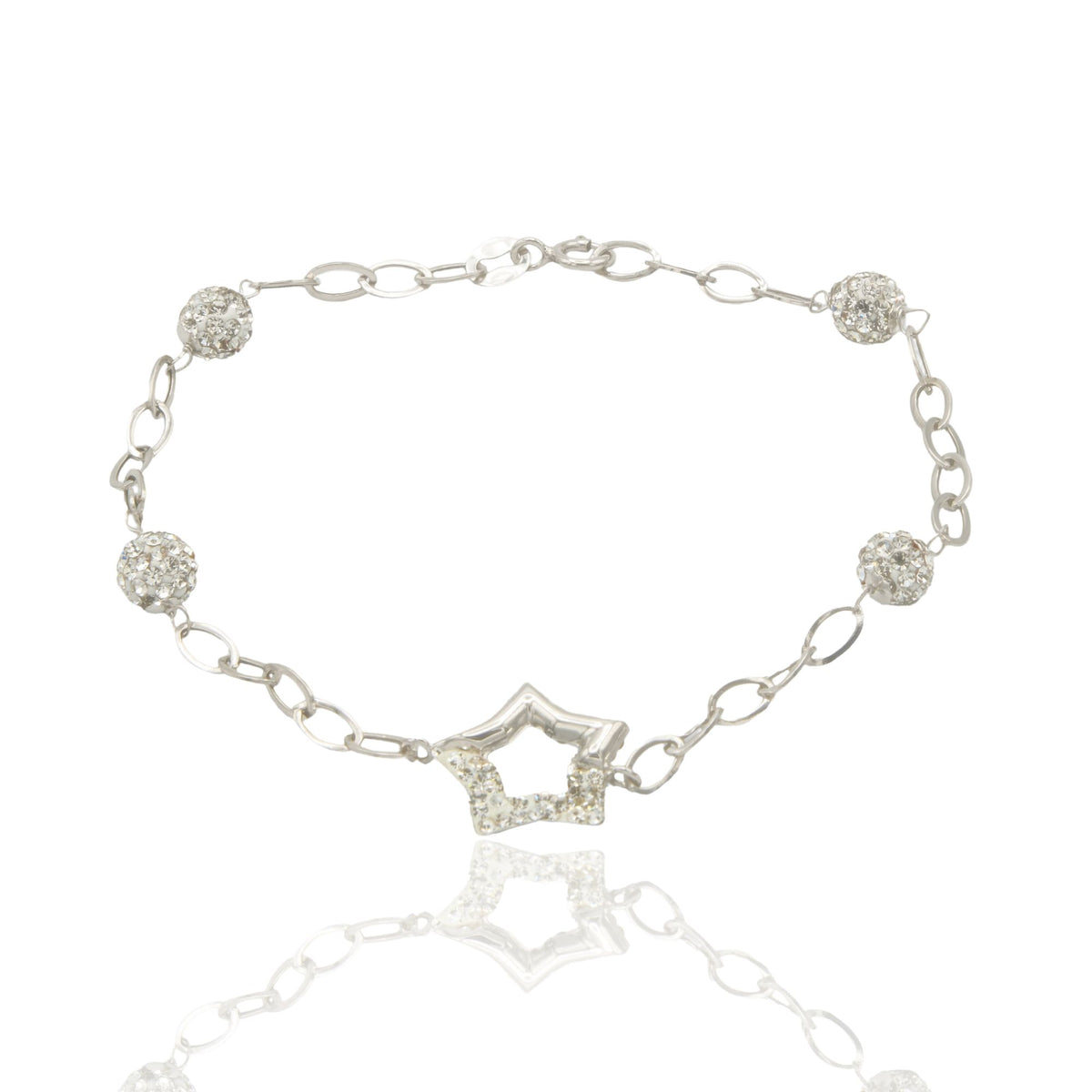 Bracciale Oro Bianco Oro 18 carati Maglia Morbida Con Stella E Sfere Zirconi Bianchi cm 19