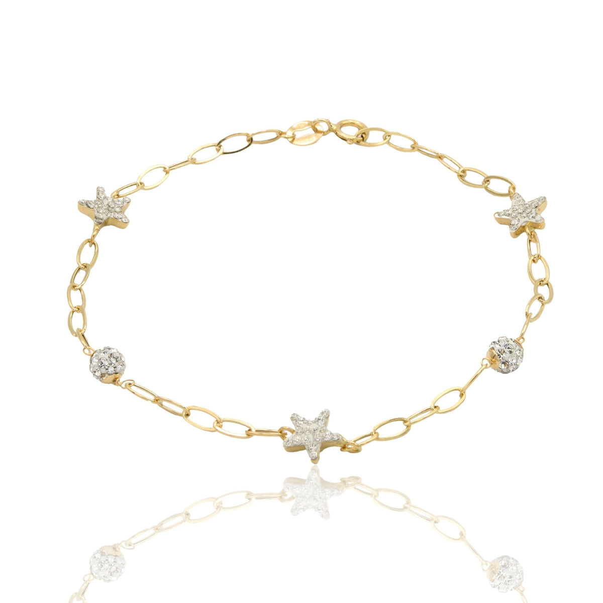 Bracciale Oro Giallo Oro 18 carati Maglia Morbida Con Stella E Sfere Zirconi Bianchi cm 19