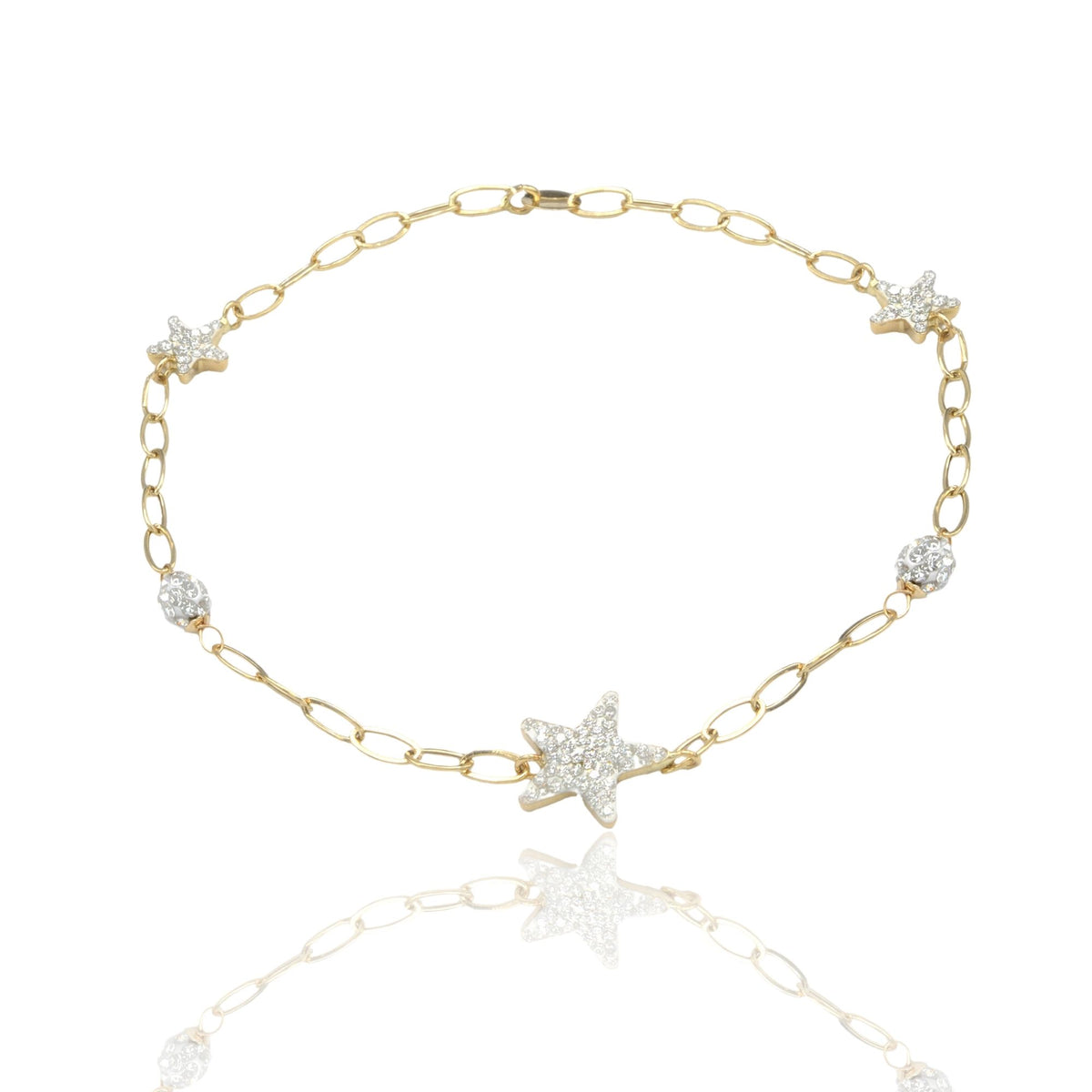 Bracciale Oro Giallo Oro 18 carati Maglia Morbida Con Stella E Sfere Zirconi Bianchi