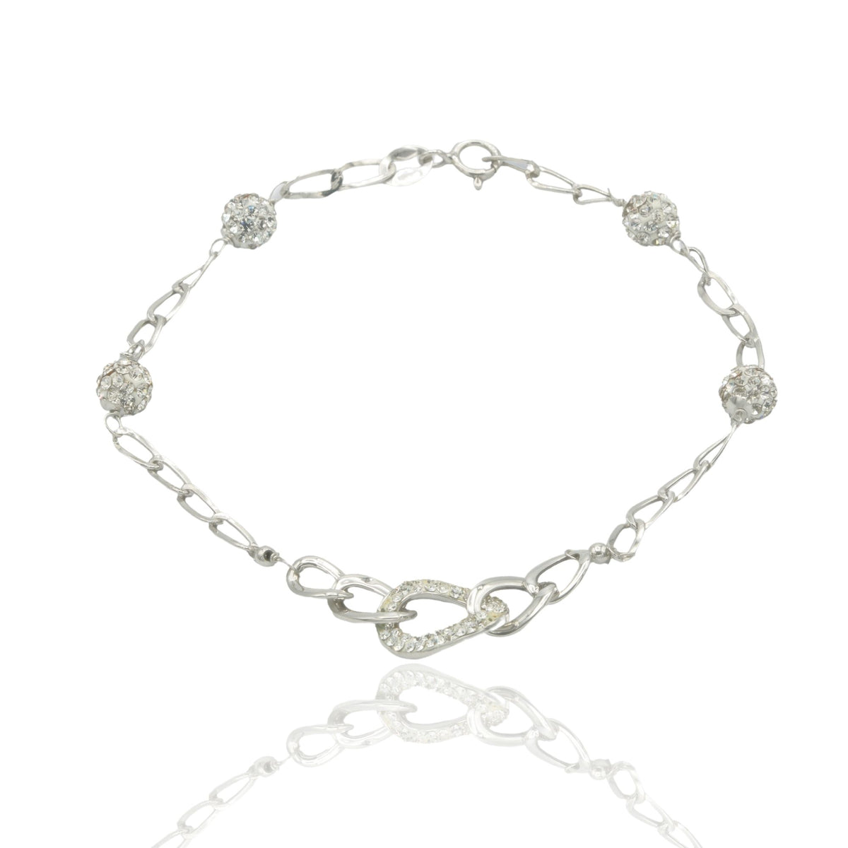 Bracciale Oro Bianco Oro 18 carati Maglia Morbida a scalare E Sfere Zirconi Bianchi