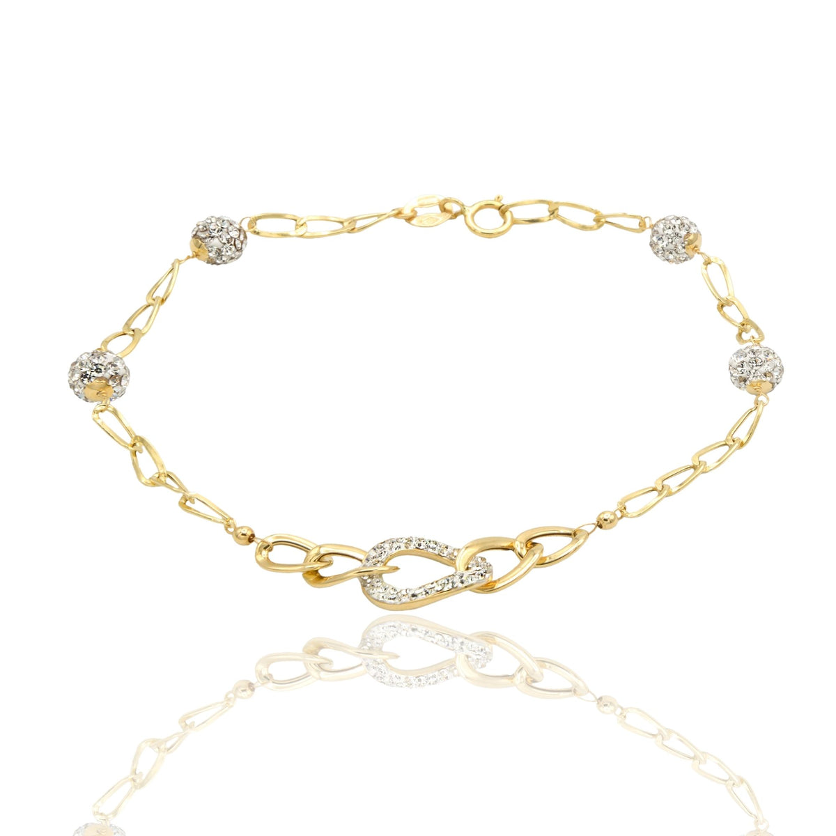 Bracciale Oro Giallo Oro 18 carati Maglia Morbida a scalare E Sfere Zirconi Bianchi
