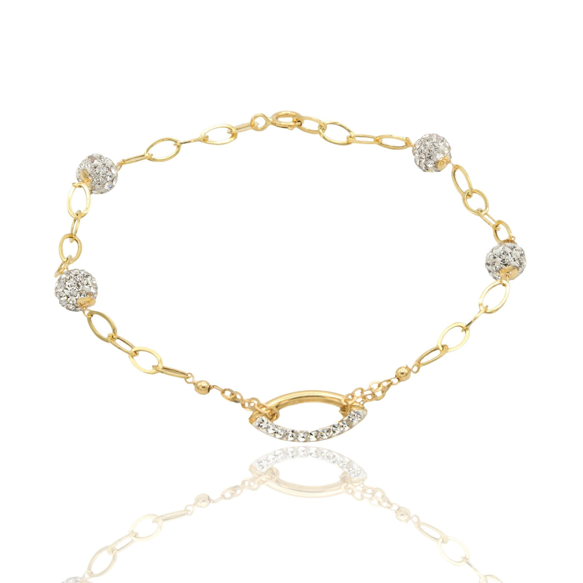 Bracciale Oro Giallo Oro 18 carati Maglia Morbida Con Ovale E Sfere Zirconi Bianchi cm 18.5
