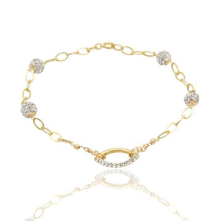 Bracciale Oro Giallo Oro 18 carati Maglia Morbida Con Ovale E Sfere Zirconi Bianchi cm 18.5