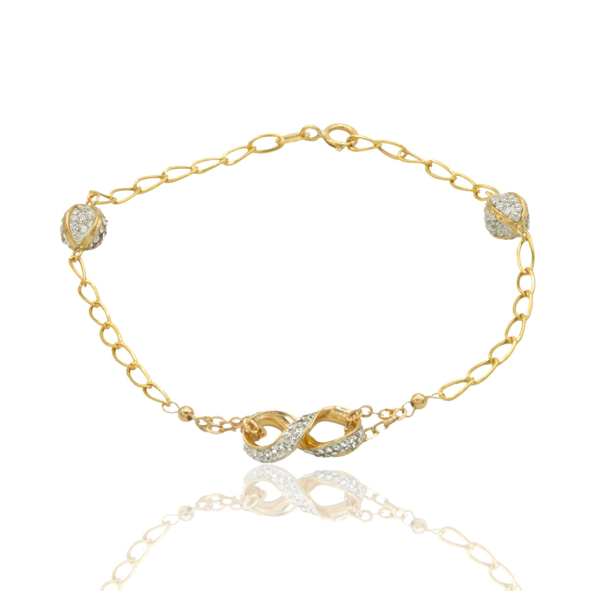 Bracciale Oro Giallo Oro 18 carati Maglia Morbida Con Simbolo Infinito E Sfere Zirconi Bianchi cm 19
