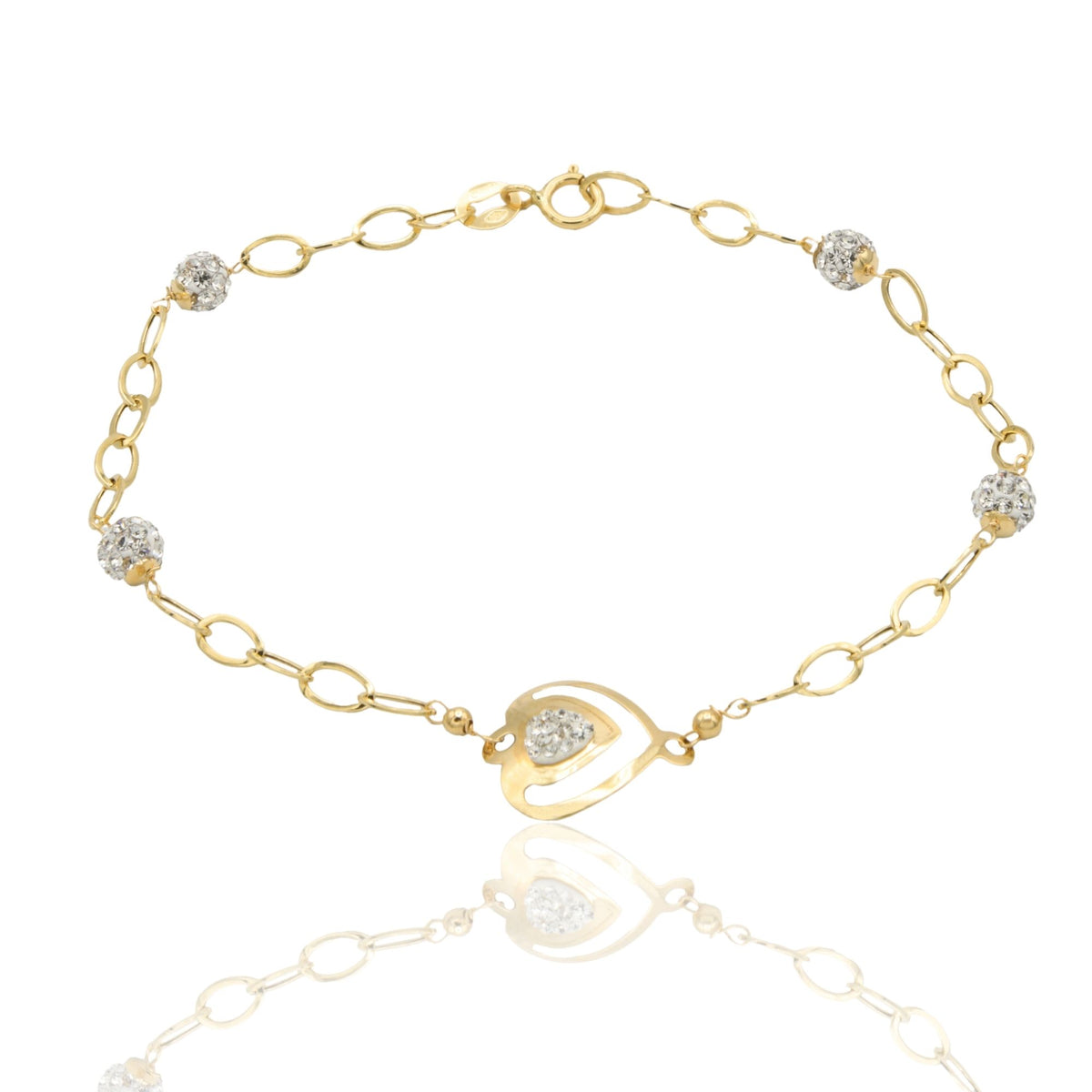 Bracciale Oro Giallo Oro 18 carati Maglia Morbida Con Cuore E Sfere Zirconi Bianchi