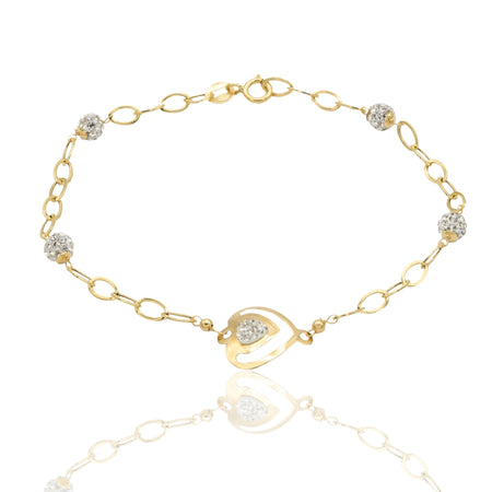 Bracciale Oro Giallo Oro 18 carati Maglia Morbida Con Cuore E Sfere Zirconi Bianchi