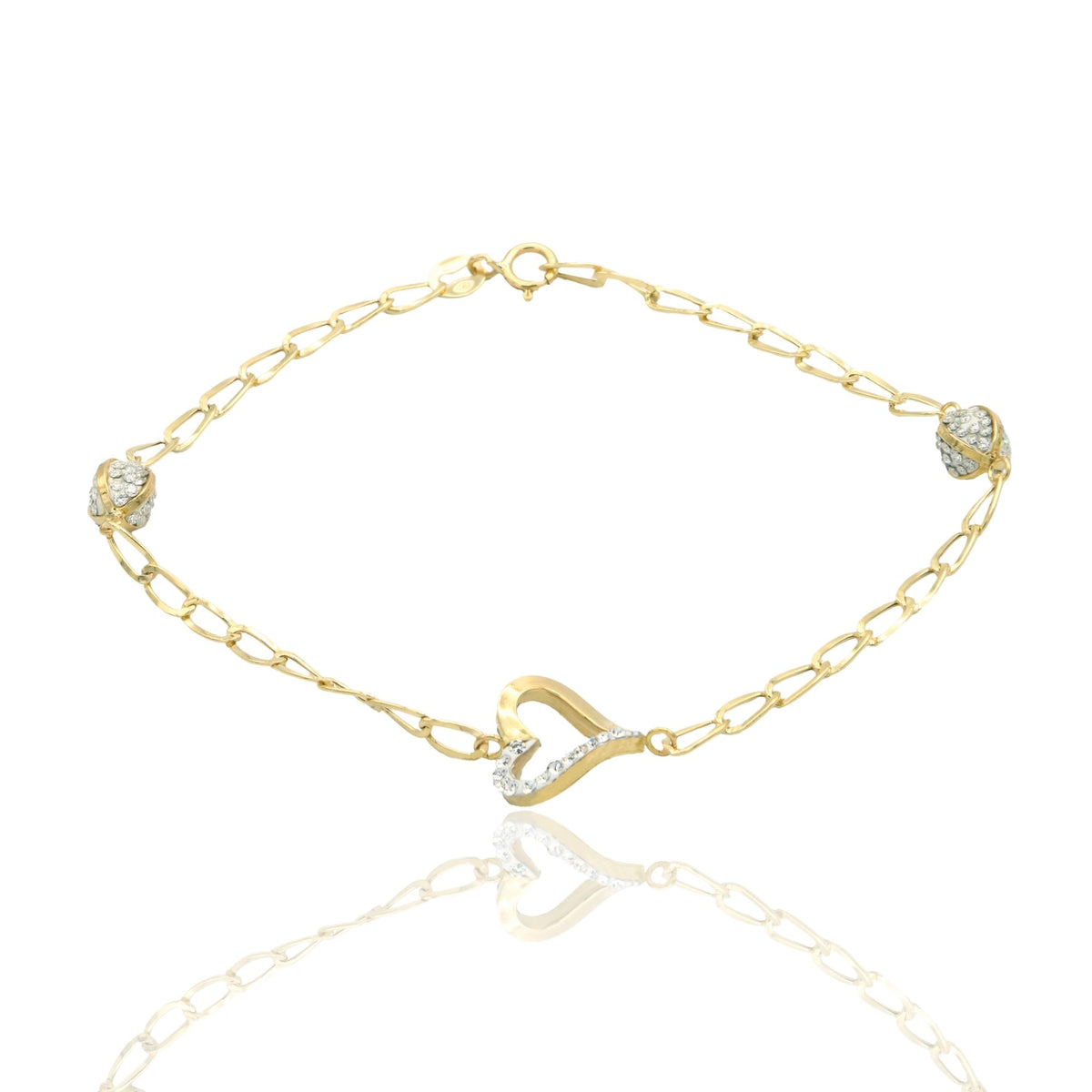 Bracciale Oro Giallo Oro 18 carati Maglia Morbida Con Cuore E Sfere Zirconi Bianchi