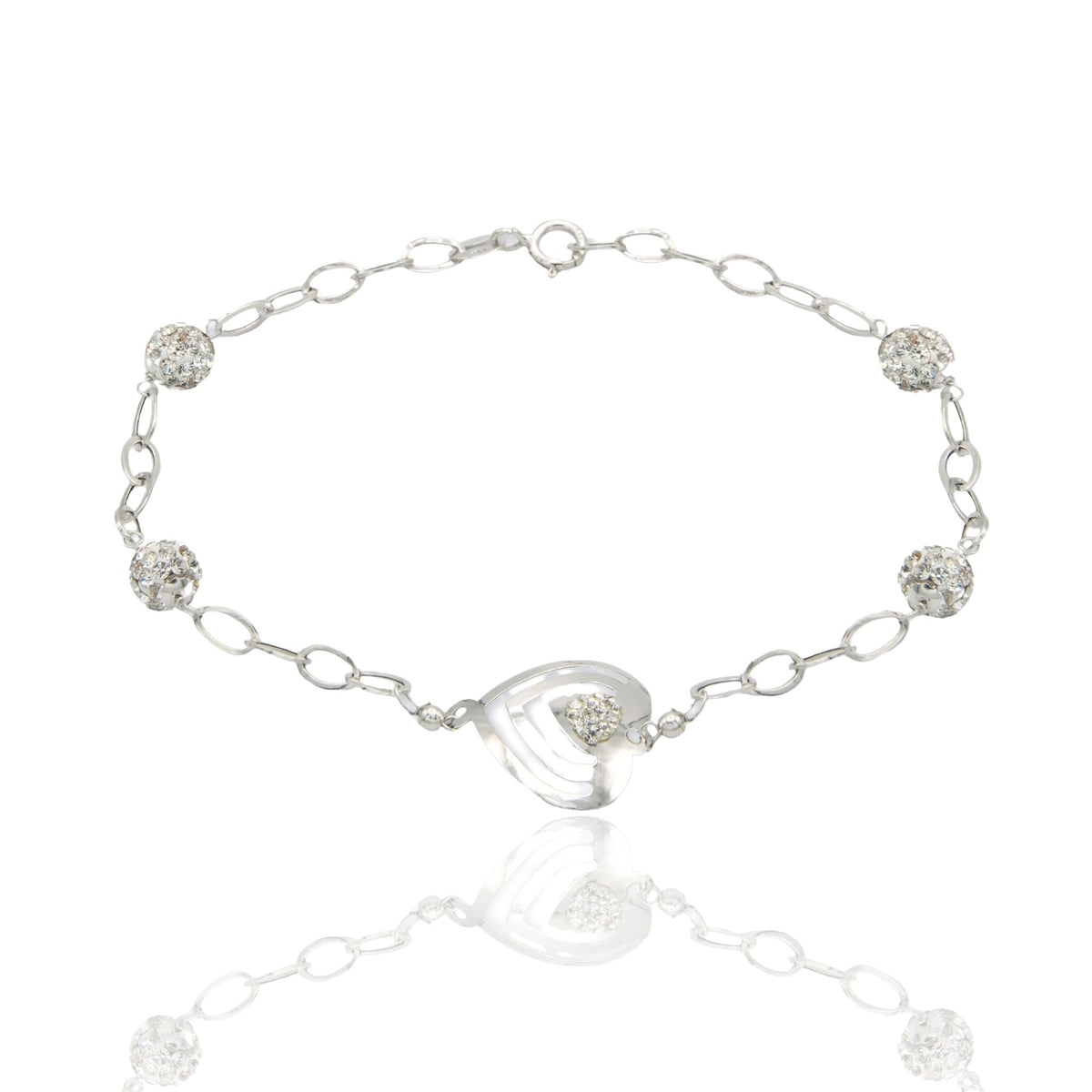 Bracciale Oro Bianco Oro 18 carati Maglia Morbida Con Cuore E Sfere Zirconi Bianchi
