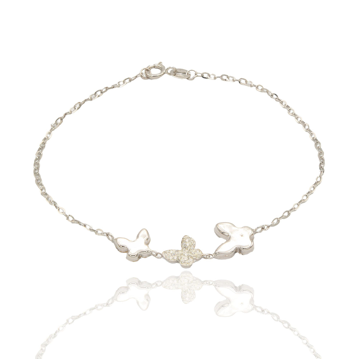 Bracciale Oro Bianco Oro 18 carati Catena Con Farfalle Lucide E Zirconate Zirconi Bianchi cm 18.5