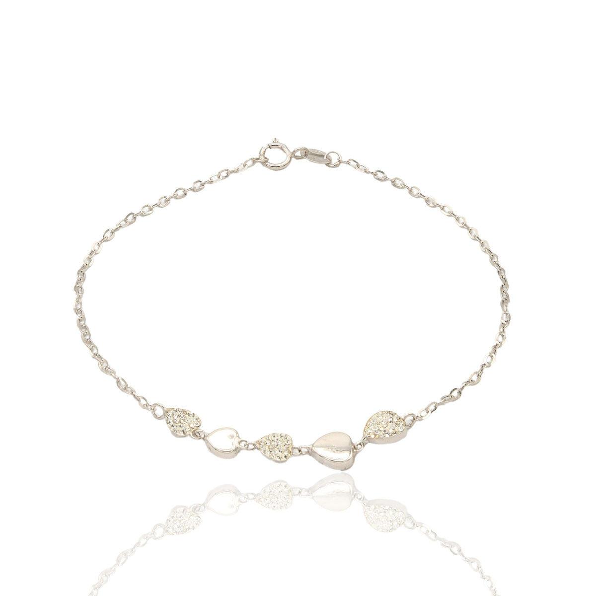 Bracciale Oro Bianco Oro 18 carati  Catena Con Cuori Lucidi E Zirconati Zirconi Bianchi