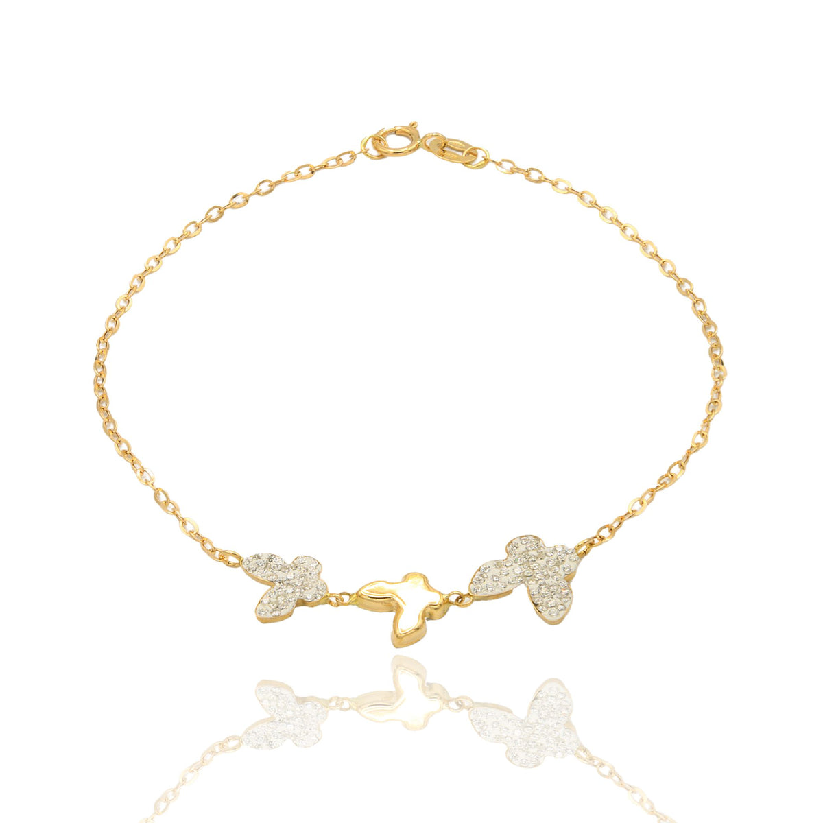 Bracciale Oro Giallo Oro 18 carati Catena Con Farfalle Lucide E Zirconate Zirconi Bianchi cm 18.5