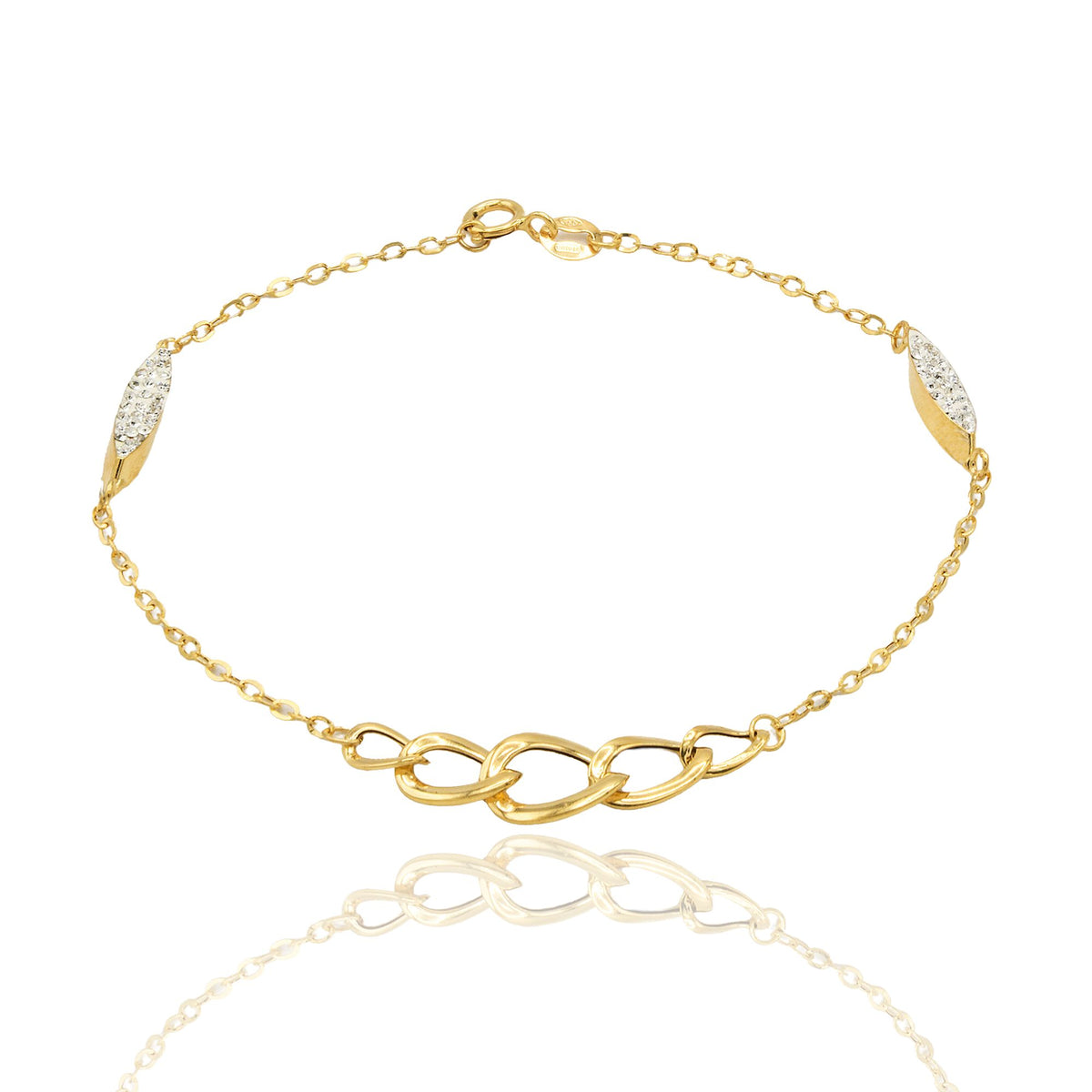 Bracciale Oro Giallo Oro 18 carati Catena E Maglia Groumette  Con Elementi Zirconati  Zirconi Bianchi cm 19