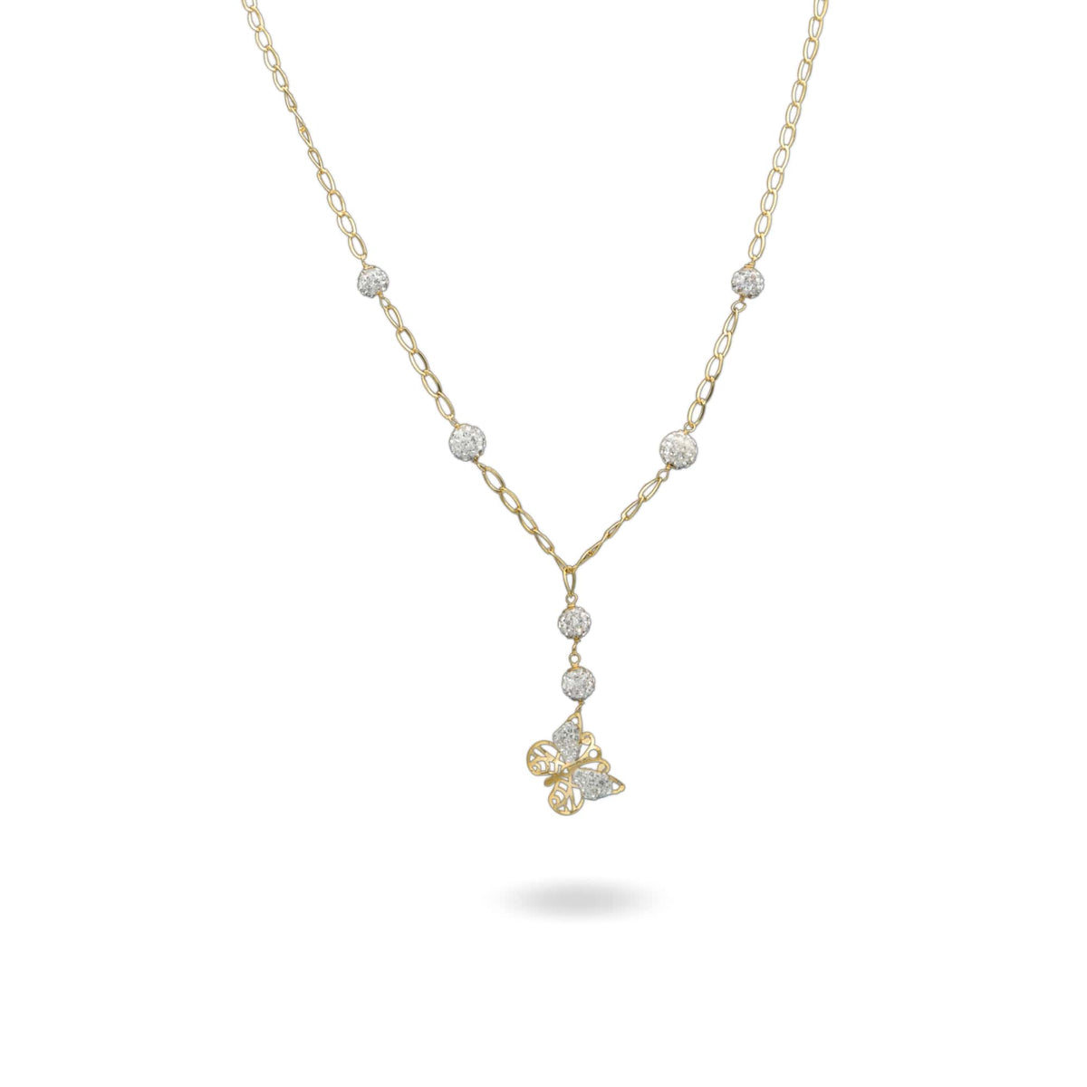 Collana Oro Giallo Oro 18 carati Farfalla Traforata Pendente Zirconi Bianchi