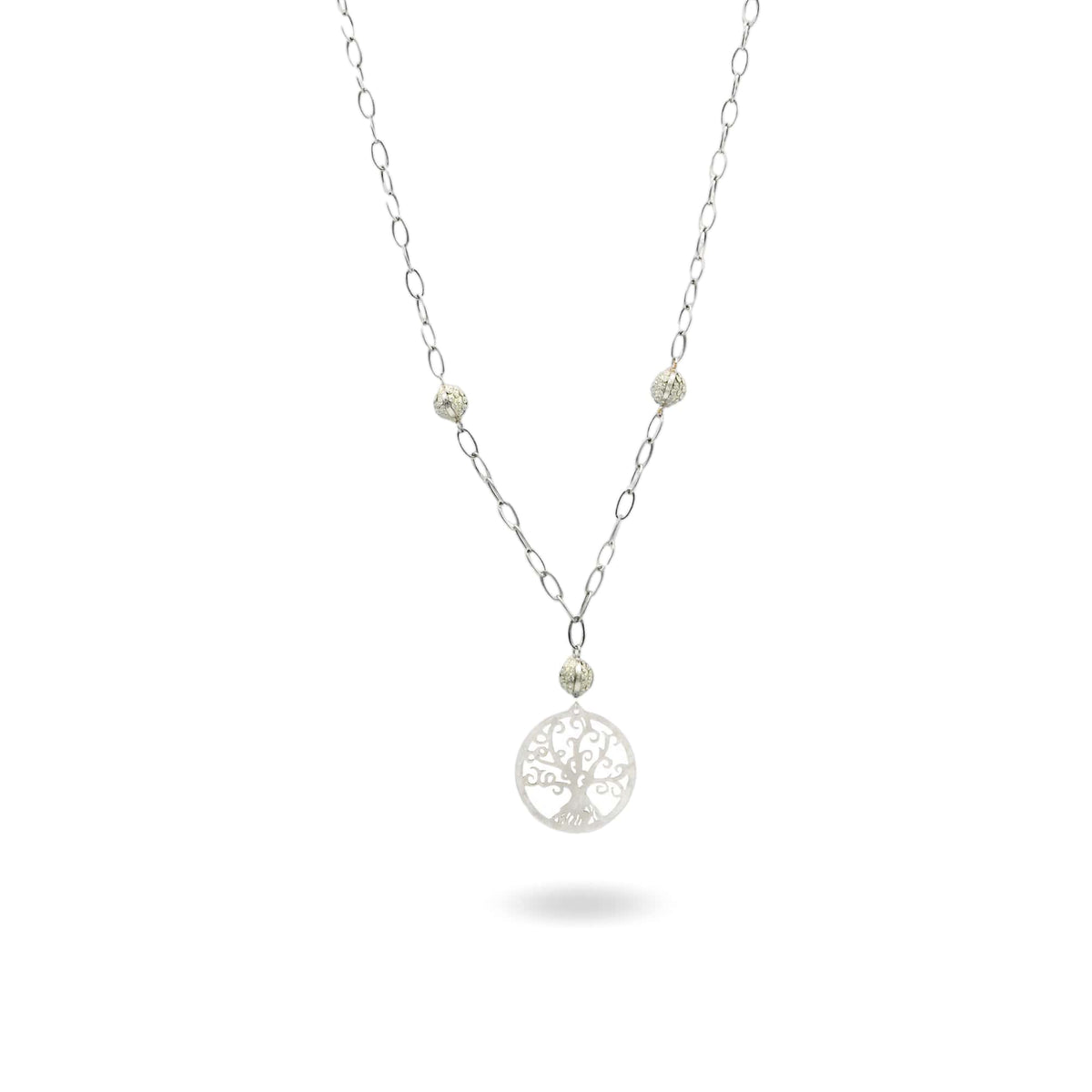 Collana Oro Bianco Oro 18 carati Albero Della Vita Pendente Zirconi Bianchi