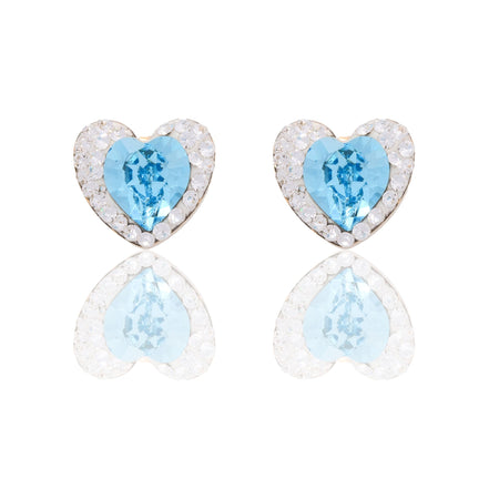 Orecchini Oro Giallo Oro 18 carati Cuore Pietra Centrale Contorno Pave' Zircone Azzurro, Zirconi Bianchi 