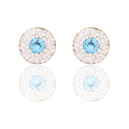 Orecchini Oro Giallo Oro 18 carati Cerchio Pietra Centralei Contorno Pave' Zircone Azzurro, Zirconi Bianchi 