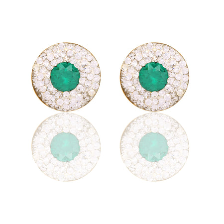 Orecchini Oro Giallo Oro 18 carati Cerchio Pietra Centralei Contorno Pave' Zircone Verde, Zirconi Bianchi 