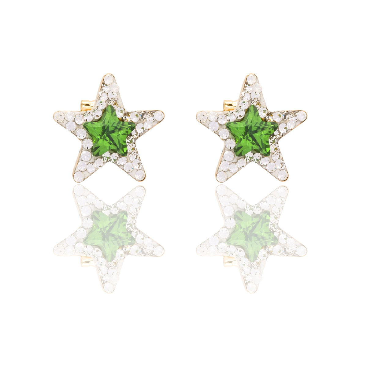 Orecchini Oro Giallo Oro 18 carati Stella Pietra  Centrale E Contorno Zircone Verde, Zirconi Bianchi 