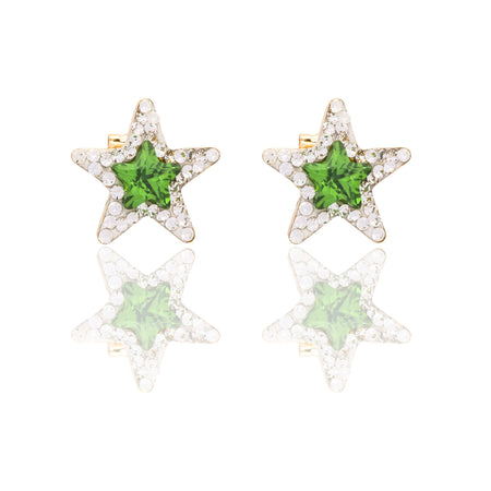 Orecchini Oro Giallo Oro 18 carati Stella Pietra  Centrale E Contorno Zircone Verde, Zirconi Bianchi 