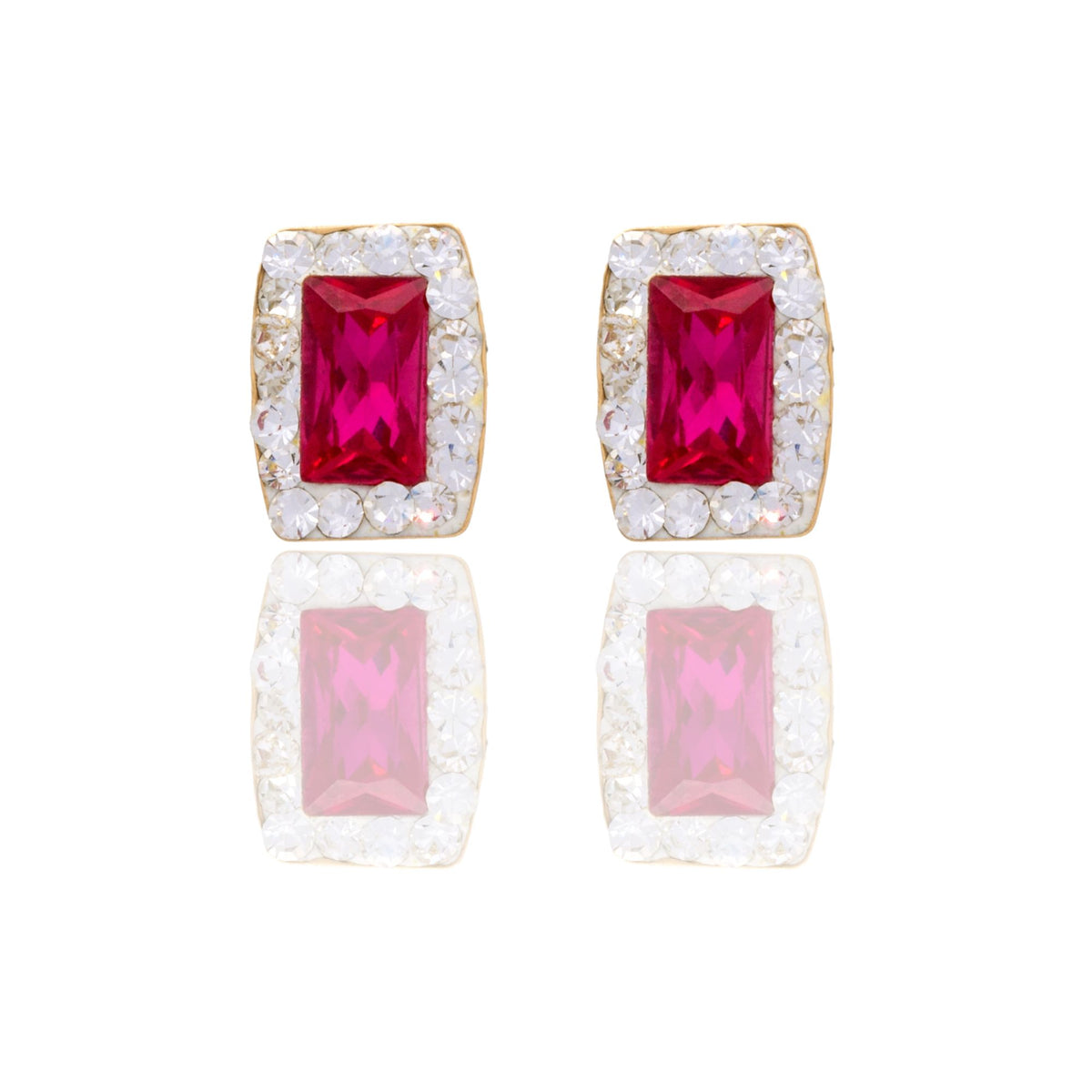 Orecchini Oro Bianco Oro 18 carati Rettangolo Pietra Centrale Contorno Pave' Zircone Rosso, Zirconi Bianchi 
