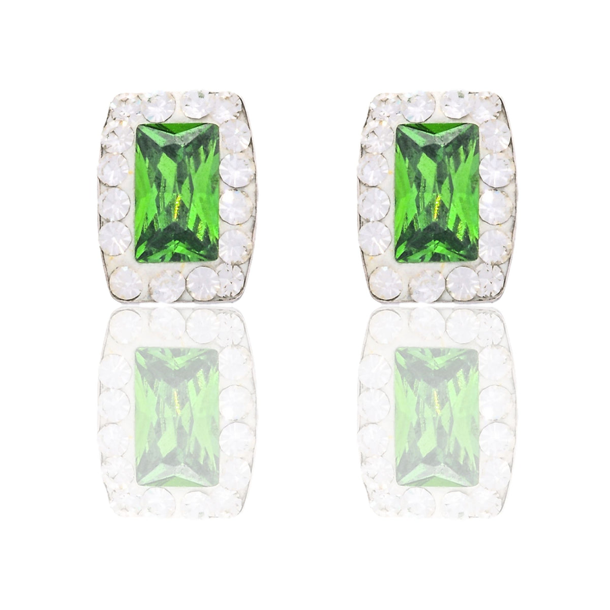 Orecchini Oro Bianco Oro 18 carati Rettangolo Pietra Centrale Contorno Pave' Zirconi Bianchi, Zircone Verde 