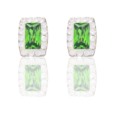 Orecchini Oro Bianco Oro 18 carati Rettangolo Pietra Centrale Contorno Pave' Zirconi Bianchi, Zircone Verde 