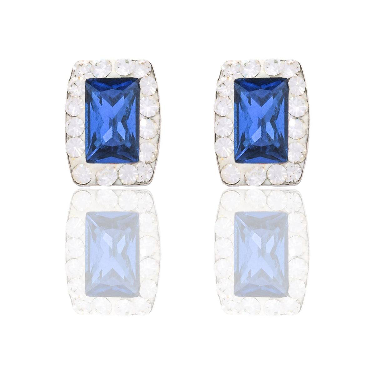 Orecchini Oro Bianco Oro 18 carati Rettangolo Pietra Centrale Contorno Pave' Zirconi Bianchi, Zircone Blu 