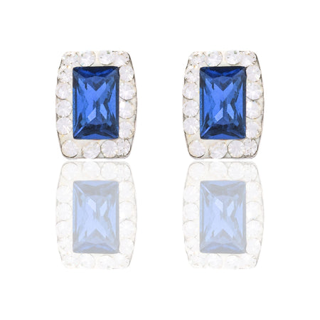 Orecchini Oro Bianco Oro 18 carati Rettangolo Pietra Centrale Contorno Pave' Zirconi Bianchi, Zircone Blu 