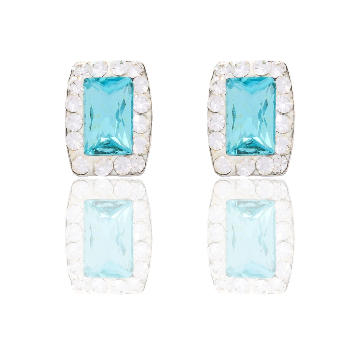 Orecchini Oro Bianco Oro 18 carati Rettangolo Pietra Centrale Contorno Pave' Zirconi Bianchi, Zircone Azzurro 