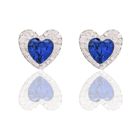 Orecchini Oro Bianco Oro 18 carati Cuore Pietra Centrale Contorno Pave' Zirconi Bianchi, Zircone Blu 