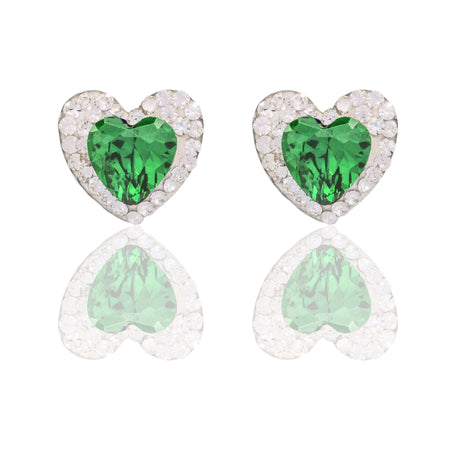 Orecchini Oro Bianco Oro 18 carati Cuore Pietra Centrale Contorno Pave' Zirconi Bianchi, Zircone Verde 