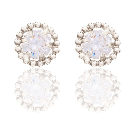 Orecchini Oro Bianco Oro 18 carati Punto Luce  Contorno Pallinato  Zircone Bianco