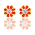 Orecchini Oro Giallo Oro 18 carati Fiori Smaltati Con Pietra Centrale Zircone Bianco, Smalto rosso 