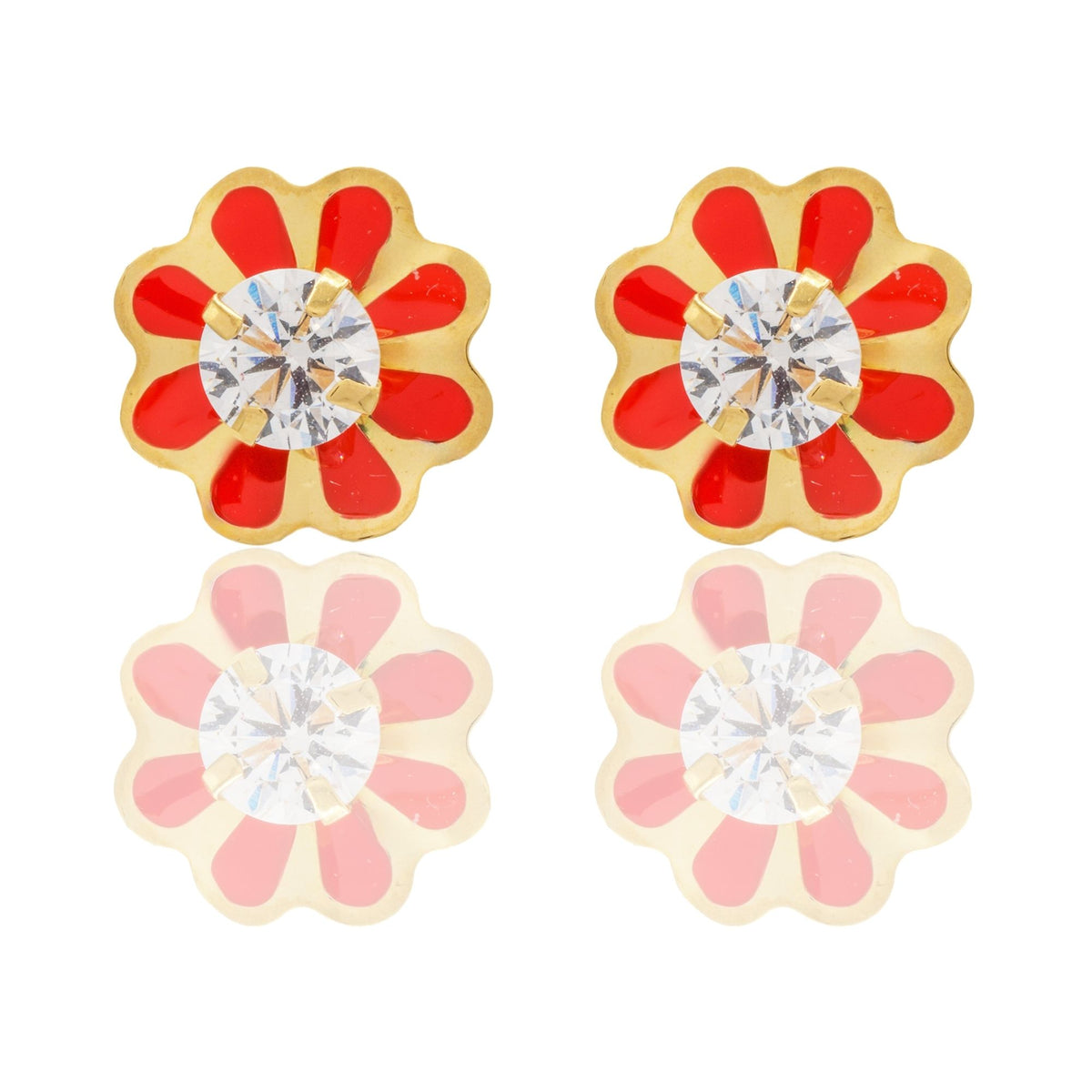 Orecchini Oro Giallo Oro 18 carati Fiori Smaltati Con Pietra Centrale Zircone Bianco, Smalto rosso 