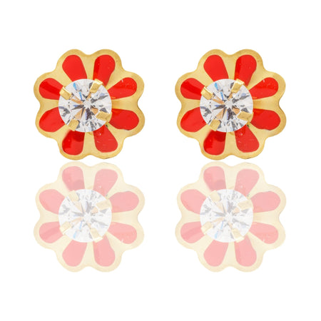 Orecchini Oro Giallo Oro 18 carati Fiori Smaltati Con Pietra Centrale Zircone Bianco, Smalto rosso 