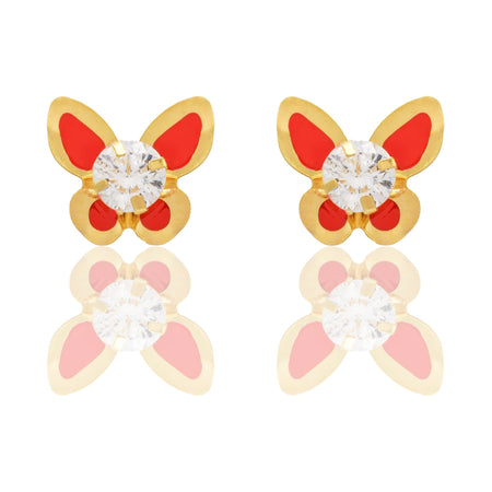 Orecchini Oro Giallo Oro 18 carati Farfalle Smaltate Con Pietra Centrale Zircone Bianco, Smalto rosso 