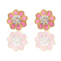 Orecchini Oro Giallo Oro 18 carati Fiori Smaltati Con Pietra Centrale Zircone Bianco, Smalto Rosa 