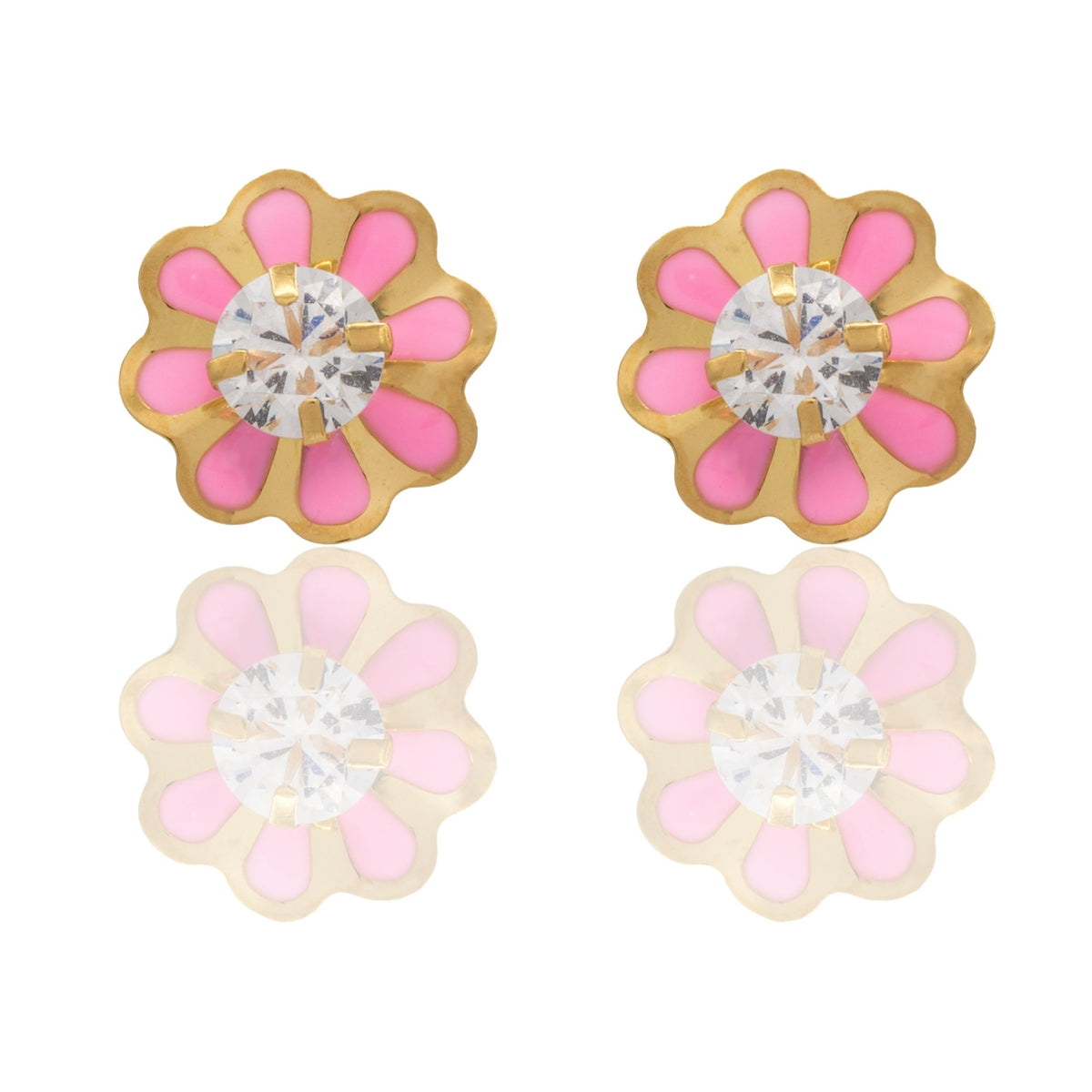 Orecchini Oro Giallo Oro 18 carati Fiori Smaltati Con Pietra Centrale Zircone Bianco, Smalto Rosa 